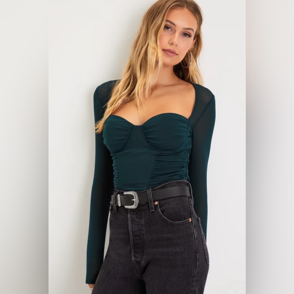 Lulu’s Dark Green Mesh Bustier Long Sleeve Sweetheart Top